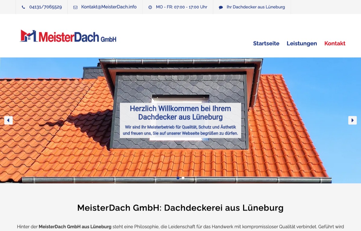 Startseite der MeisterDach-Website mit Logo, Navigation und Dach-Hero